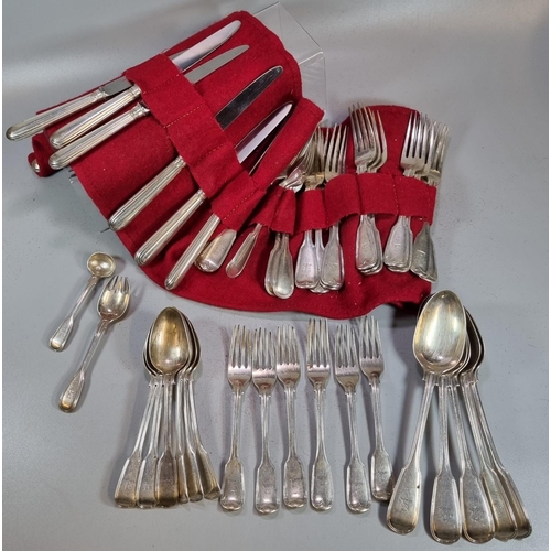 455 - Set of Victorian Georgian design fiddle and thread pattern silver cutlery comprising: eighteen dinne... 