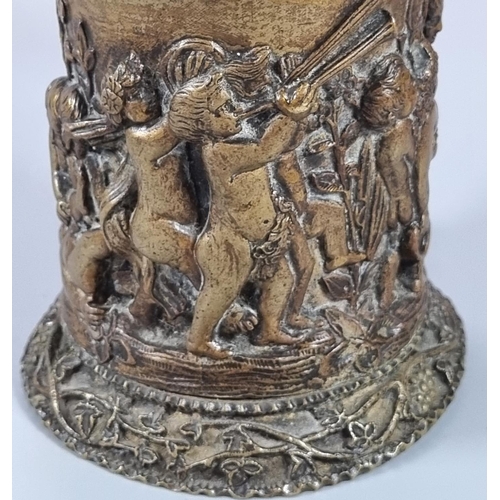 466 - 19th century French bronze lidded tankard with pictorial scene of relief moulded cherubs, goat and c... 