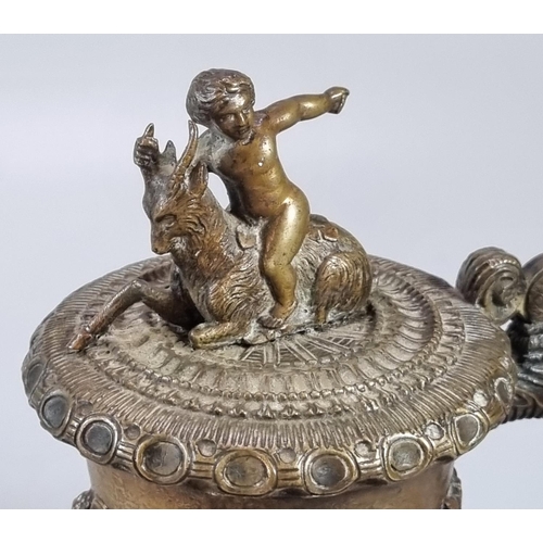 466 - 19th century French bronze lidded tankard with pictorial scene of relief moulded cherubs, goat and c... 