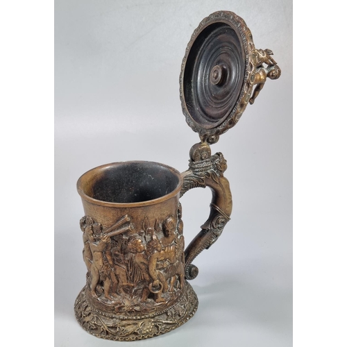 466 - 19th century French bronze lidded tankard with pictorial scene of relief moulded cherubs, goat and c... 