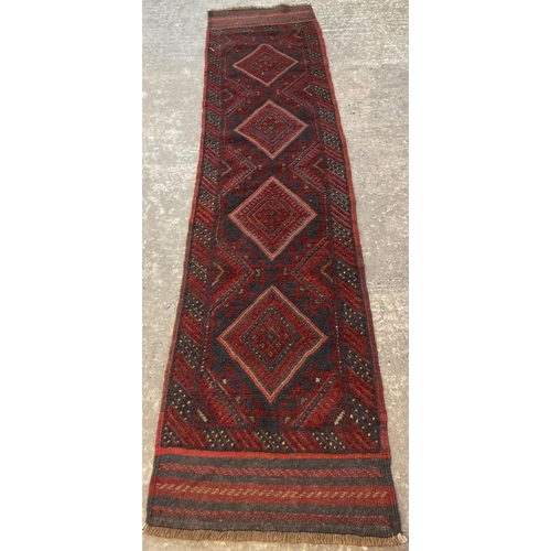 481 - Full wool pile hand woven Afghan Meshwani runner with central geometric medallion design together wi... 