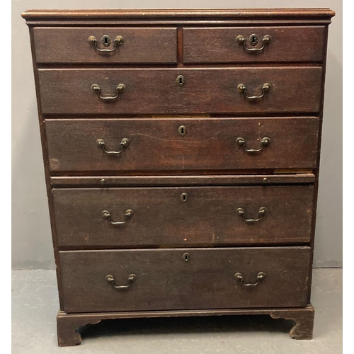 60 - George III oak straight front chest of drawers, the moulded top above an arrangement of two short an... 