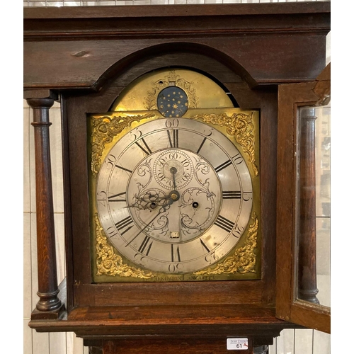 61 - 18th century oak eight day long case clock marked 'W Parkinson, Lancaster', having arched brass face... 