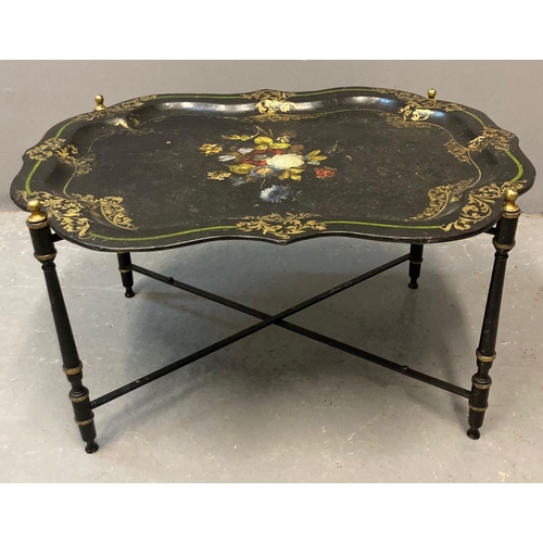 64 - 19th century Papier Mâché tray, hand painted with floral sprays and gilt decoration on a metal foldi... 