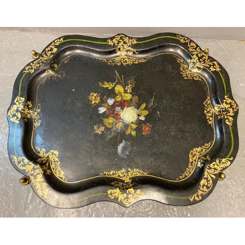 64 - 19th century Papier Mâché tray, hand painted with floral sprays and gilt decoration on a metal foldi... 