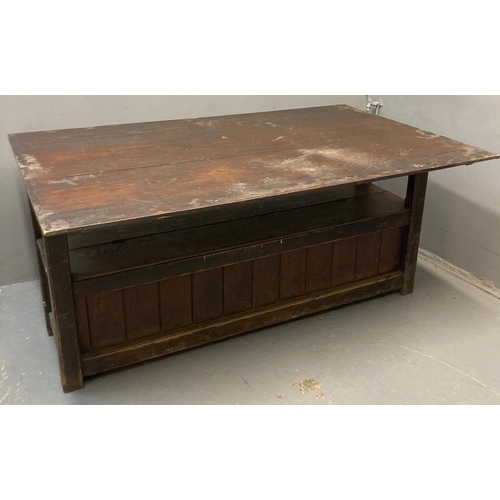 65 - 19th century pine settle/refectory table, the high back top with folding mechanism, shaped arms and ... 