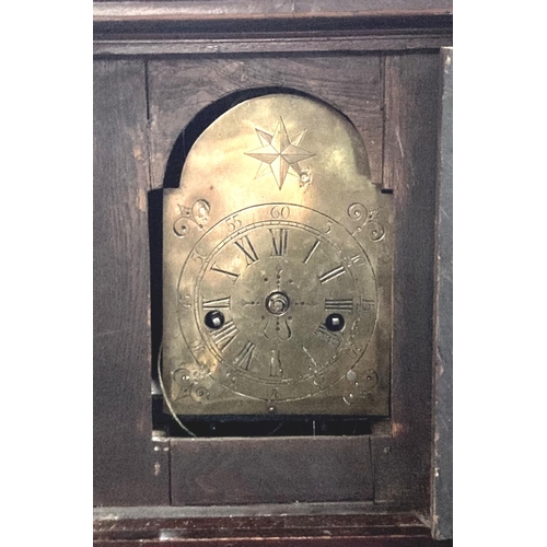 67 - Unusual part 18th century oak long case clock of small proportions, having arched brass face with Ro... 