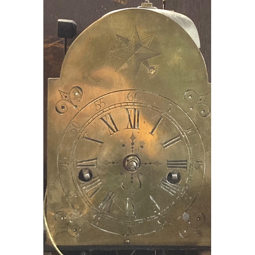 67 - Unusual part 18th century oak long case clock of small proportions, having arched brass face with Ro... 