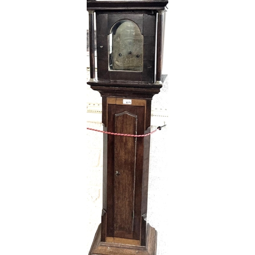 67 - Unusual part 18th century oak long case clock of small proportions, having arched brass face with Ro... 