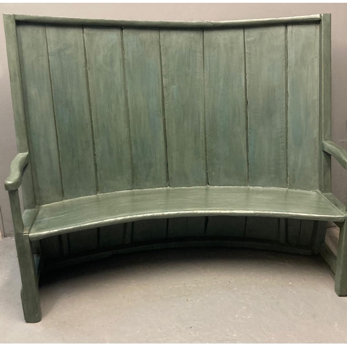 75 - 19th century painted curved and high back settle, with boarded back, shaped open arms, standing on m... 