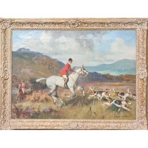 77 - Reginald Mills (British 1896 - 1950), foxhunting scene , huntsman on grey with hounds, signed.  Oils... 