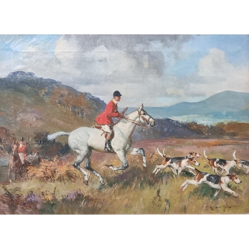 77 - Reginald Mills (British 1896 - 1950), foxhunting scene , huntsman on grey with hounds, signed.  Oils... 