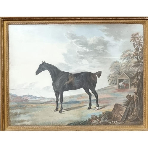 78 - After Stubbs (19th century), equestrian study of a black hunter in an expansive landscape.  Watercol... 