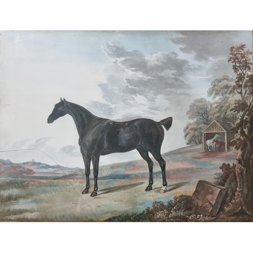 78 - After Stubbs (19th century), equestrian study of a black hunter in an expansive landscape.  Watercol... 