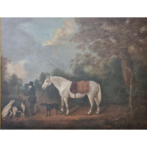 83 - Clifton Tomson (British, Nottingham, 1775-1828), sporting scene with grey pony bearing saddle bags, ... 