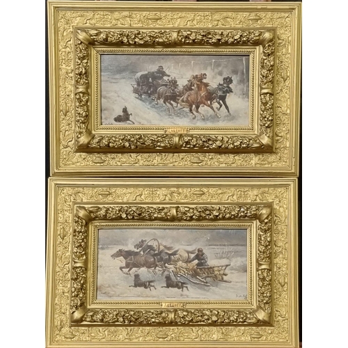 87 - J Orloff (Russian, 19th century), Winter scenes with galloping Troika, a pair, signed.  Oils on pane... 