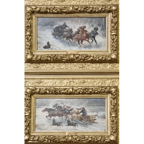 87 - J Orloff (Russian, 19th century), Winter scenes with galloping Troika, a pair, signed.  Oils on pane... 