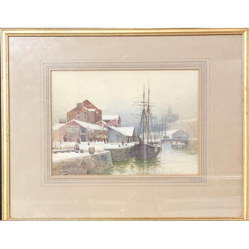 96 - George Cockram (British 1861 - 1950), the inner harbour at Whitby on a snowy day, signed dated 1883.... 