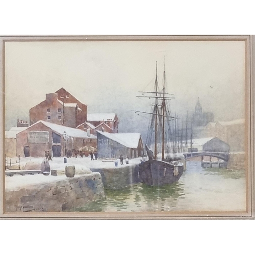 96 - George Cockram (British 1861 - 1950), the inner harbour at Whitby on a snowy day, signed dated 1883.... 