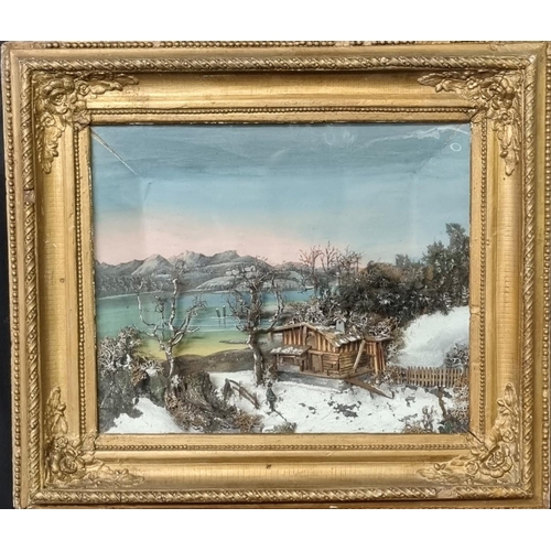 97 - 19th century cased and framed diorama depicting a Continental Swiss style chalet on a lake side with... 