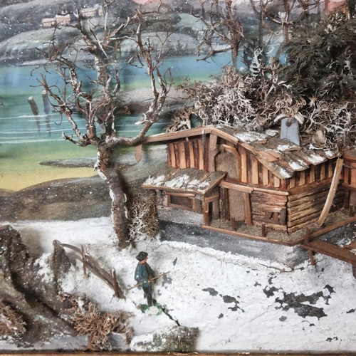 97 - 19th century cased and framed diorama depicting a Continental Swiss style chalet on a lake side with... 