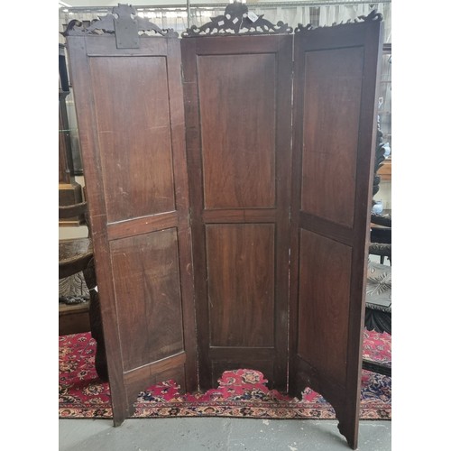 52A - 19th century Indian hardwood framed three fold screen with copper repoussé panels depicting birds am... 