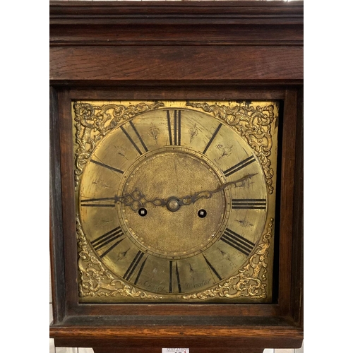 63 - 18th century brass faced cottage long cased clock marked 'J Bayley, Uttoxeter', the case with flat h... 