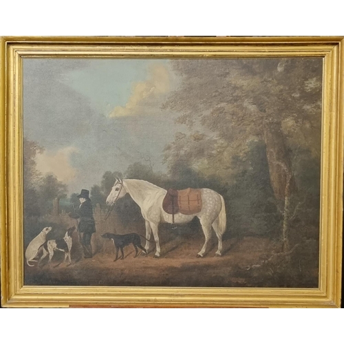 83 - Clifton Tomson (British, Nottingham, 1775-1828), sporting scene with grey pony bearing saddle bags, ... 