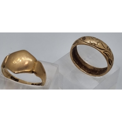 227 - 9ct gold signet ring.  4g approx.  Size O1/2, together with 9ct gold band decorated with foliage and... 