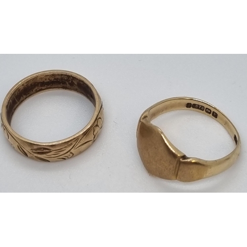 227 - 9ct gold signet ring.  4g approx.  Size O1/2, together with 9ct gold band decorated with foliage and... 