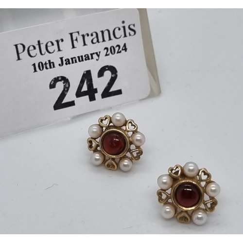 242 - Pair of 9ct gold pearl and garnet earrings.   (B.P. 21% + VAT)