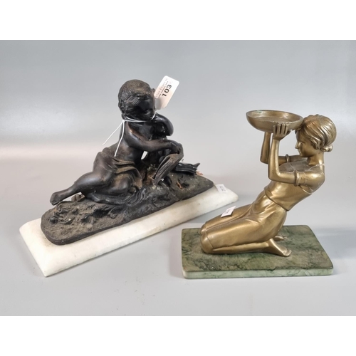 103 - Bronze figure of a young girl reading a book on a naturalistic and alabaster base, together with a c... 