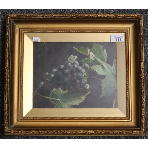 116 - British School (early 20th century), still life study of grapes on a vine, oils on artist board.  19... 