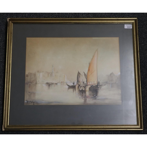 117 - Yashpal (?), study of The Lagoon at Venice, signed.  Watercolours.  35x47cm approx.  Framed and glaz... 