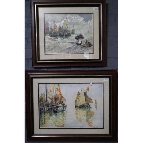 122 - Pair of large coloured etchings,  Dutch Barges, indistinctly signed in pencil.  36x51 and 31x39cm ap... 