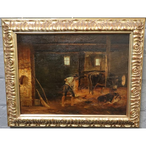 123 - British school (19th century), figure working in a barn with cow and calf.  Oils on board.  24x314cm... 