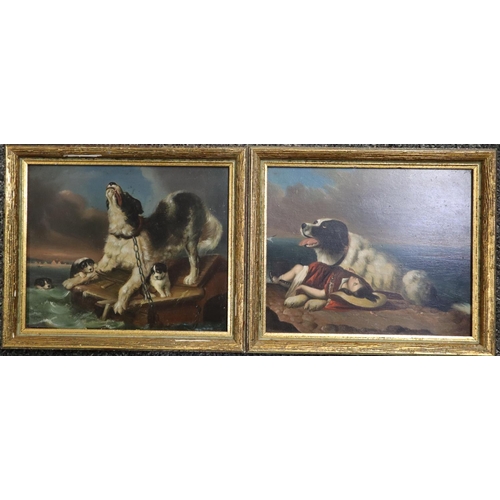 124 - After Landseer (19th century), 'Shipwrecked' and 'Saved', two small studies of Newfoundland dogs.  O... 