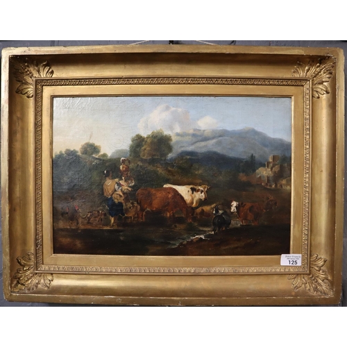 125 - Italian School (19th century), figures and cattle in a landscape.  Oils on canvas.  31x43cm approx. ... 