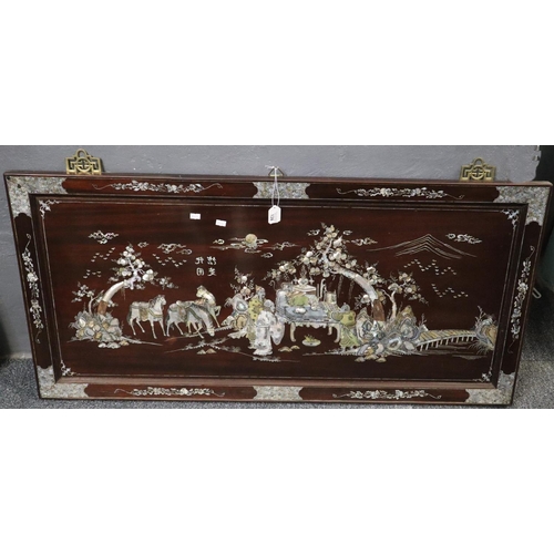 128 - Chinese mother of pearl inlaid hardwood wall hanging panel decorated with figures in a landscape wit... 