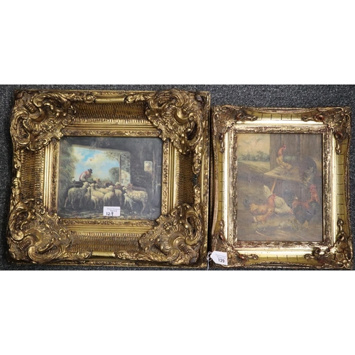 129 - Two similar modern reproduction studies of farmyard scenes in heavy gilt frames: chickens in a barn ... 