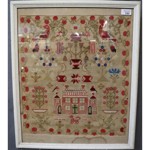 153 - 19th century Welsh needlework tapestry sampler by Mary Davis dated 1845.  47x42cm approx.  Framed an... 