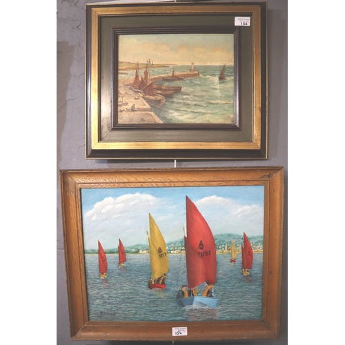 154 - Two marine studies in oils on canvas, coastal scene and dighy racing.  (2)  (B.P. 21% + VAT)