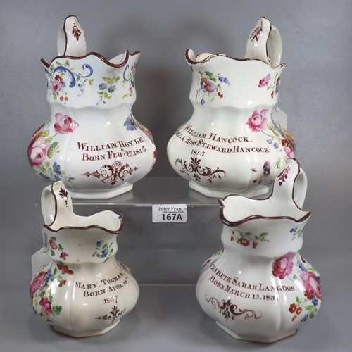 Four graduated 19th century Swansea Cymro stone china pouch shaped dresser jugs with hand painted floral design, names and dates. Text includes: 'William Hancock, Annabella Ross Steward Hancock 1845', 'Elizabeth Sarah Langdon Born March 15 1831', 'Mary Thomas Born April 10th 1837' and 'William Hoyle Born Feb 23rd 1846'. Impressed marks to bases. 
(B.P. 21% + VAT)