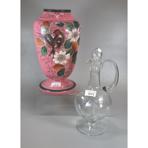 169A - Victorian pink opaline glass painted vase with bird amongst flowers and foliage (32cm high approx), ... 