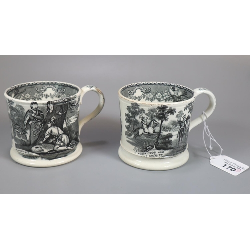 170 - Two 19th century black and white Staffordshire pottery mugs transfer printed with scenes from Robin ... 