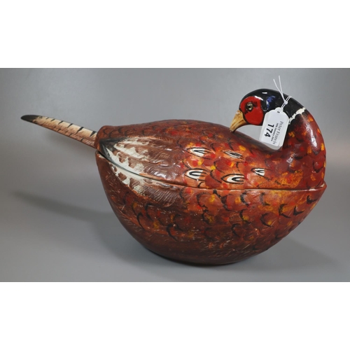 174 - Mancer Italian ceramic pheasant design soup tureen with ladle and lid, hand painted with glass eyes.... 