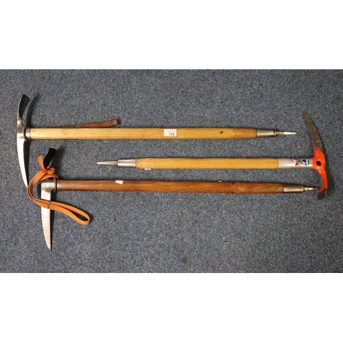 176 - Group of three vintage ice axes with leather thongs with ash handles, one bearing signature 'Ed Hill... 