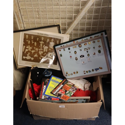 177 - Box of assorted mainly Rugby Union ephemera to include: rugby jerseys including Wales B to Canada 19... 