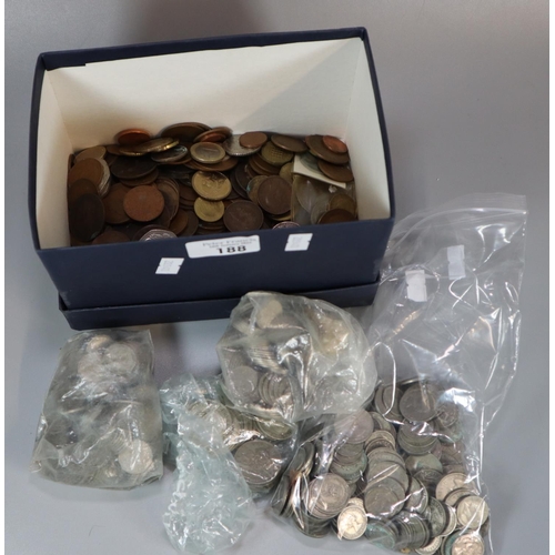 188 - Small box of assorted coinage: GB and foreign, some silver pieces.  (B.P. 21% + VAT)