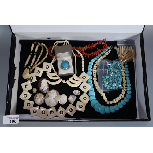 196 - Box comprising assorted jewellery to include: turquoise ring and turquoise necklace, coral necklace,... 